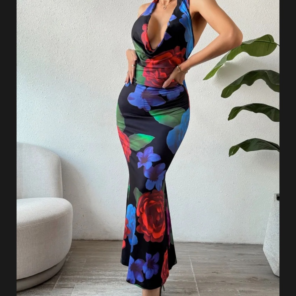 Floral cowl neckline maxi dress